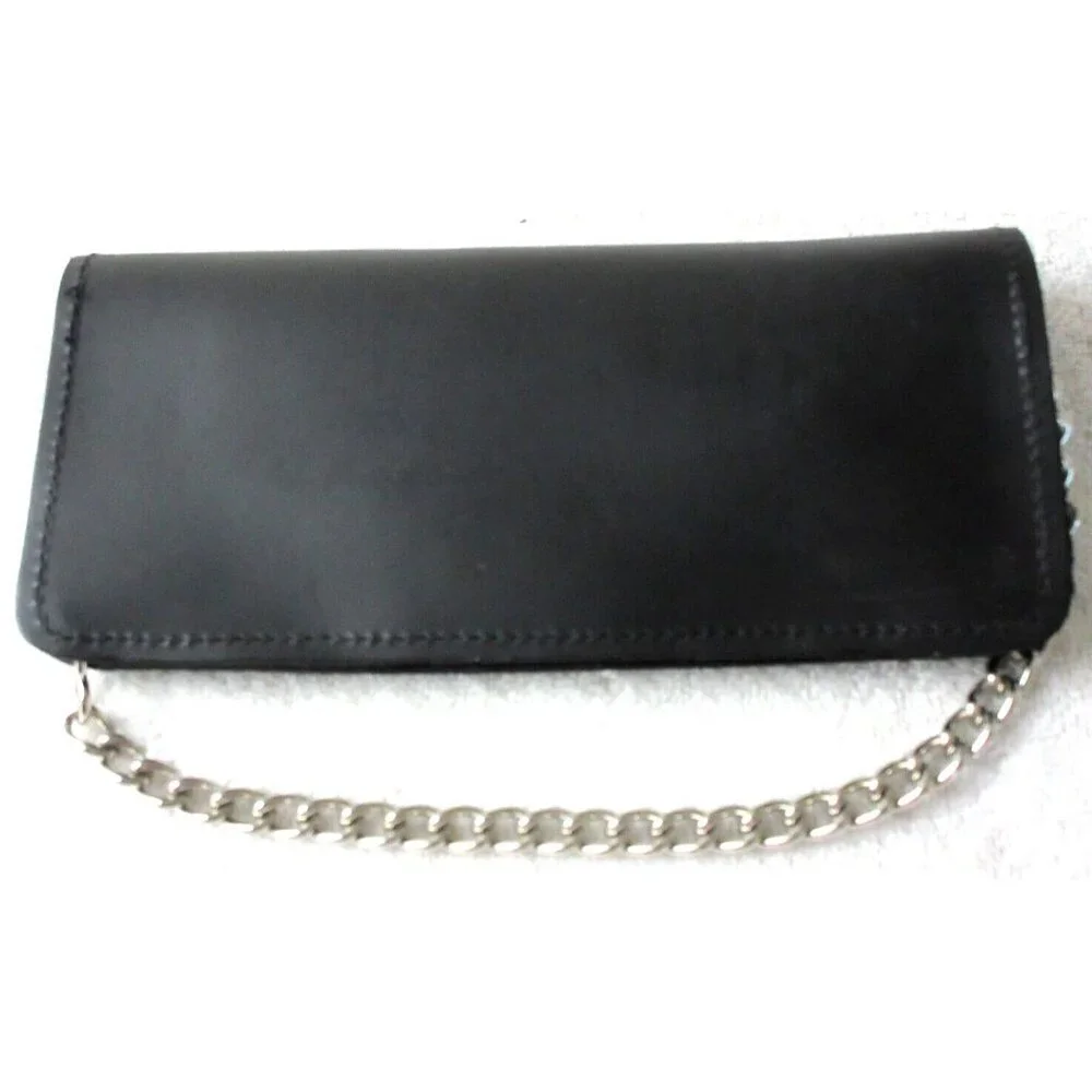 Men's Genuine Leather Skull Skeleton Trucker Snap Chain Wallet Black USA Made